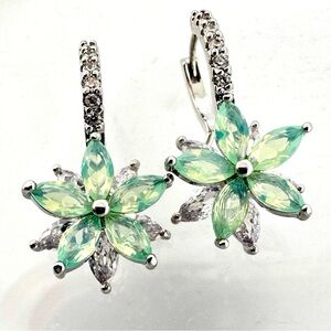 Green Crystal Double Flower Jeweled Drop Earrings